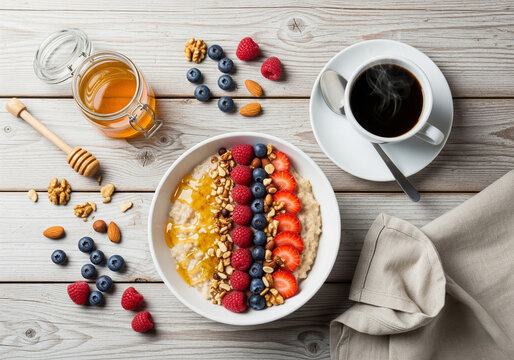 Flat lay of nutritious breakfast with oatmeal, fresh fruits, honey drizzle, nuts, and coffee, rustic table, promoting wellness and healthy lifestyle