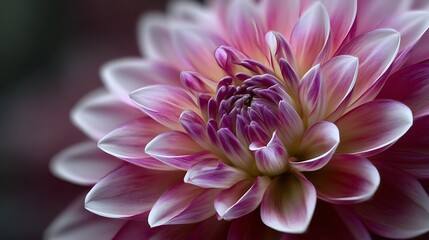 Close up of a beautiful pink and white dahlia flower with delicate petals and a dark center