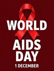 Red ribbon awareness design for world aids day 1 december featuring large ribbon, bold headline, representing hiv prevention, charity support and healthcare education on pink background