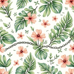Floral and Foliage Pattern with Chain Accent, Seamless Design