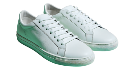 Illustration of a pair of pristine white leather sneakers are presented, highlighting their sleek design and versatile style, perfect for casual or sporty looks isolated on transparent background