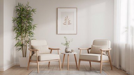 Serene scandinavian living room with natural light and lush greenery for a calm atmosphere