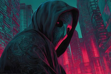 Cyberpunk Identity - Urban Masked Character in Glowing Metropolis