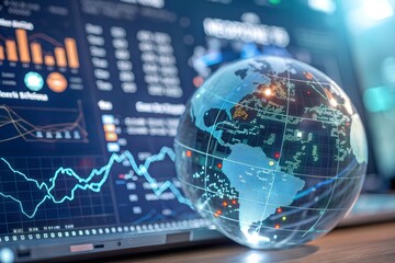 Global Financial Growth World Map Integrated with Stock Market Charts, Analyzing Trends and Forecasting Future Opportunities