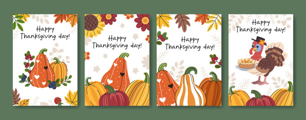 Fototapeta premium Thanksgiving day cards set. Cute bright posters with pumpkins, leaves and turkey. Card template, greetings, invitations for Thanksgiving, harvest festival and other autumn holidays.