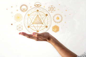 Human hand with serene golden holographic UI overlay. Cybersigilism technology interface. Geometric shapes, circles and triangles, glowing light. Augmented reality concept.