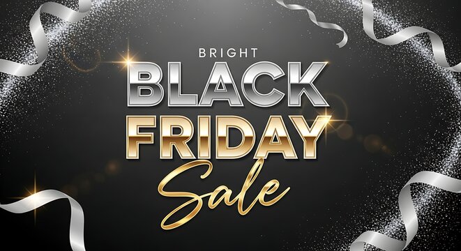 Black friday sale with glittering confetti and ribbons on a dark background