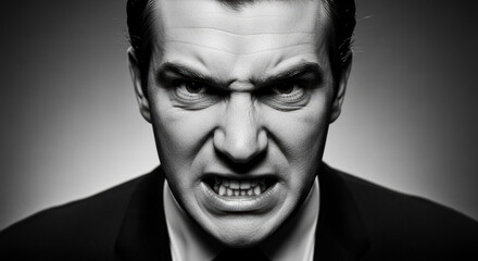 Obraz premium Angry businessman portrait, intense expression, black and white, dramatic headshot for corporate marketing campaigns