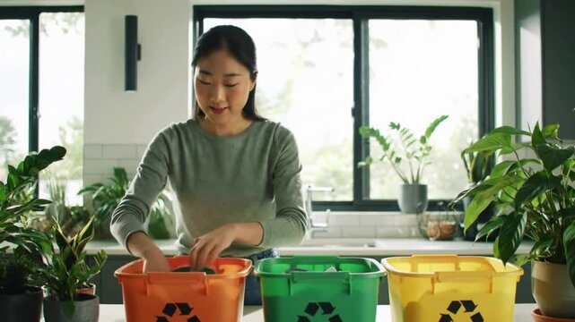 Woman Sorting Recycling in Bright Kitchen with Plants and Colored Bins