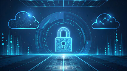 Secure cloud computing network protection digital lock data security technology concept futuristic blue abstract background
