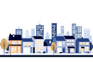 Charming neighborhood street with diverse houses and city skyline creating a welcoming urban landscape for modern living.