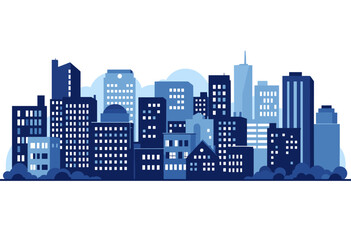 Vibrant modern cityscape illustration with diverse blue skyscrapers and glowing windows, perfect for business and urban themes