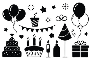 Celebration and party silhouette icon set – filled style festive, event, and birthday symbols for joyful occasions: balloon, cake, gift, hat, confetti, cupcake, streamers.