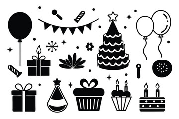 Celebration and party silhouette icon set – filled style festive, event, and birthday symbols for joyful occasions: balloon, cake, gift, hat, confetti, cupcake, streamers.