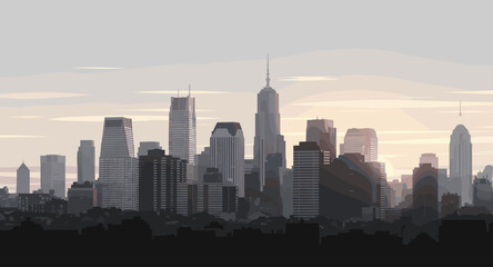 Stunning cityscape view at dawn with iconic skyscrapers bathed in soft golden sunlight, evoking urban ambition and new beginnings.