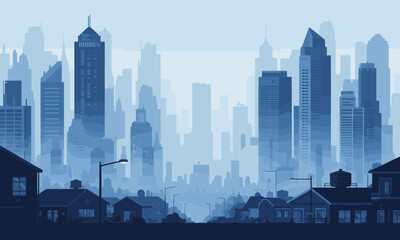 Naklejka premium Vast urban skyline with towering modern skyscrapers and suburban homes, evoking a sense of city growth and residential life