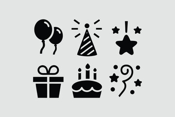 Celebration and party silhouette icon set – filled style festive, event, and birthday symbols for joyful occasions: balloon, cake, gift, hat, confetti, cupcake, streamers.