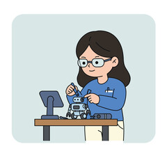 A focused female engineer with glasses in a blue shirt assembling a small humanoid robot with tools.