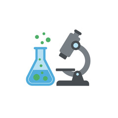 Flatstyle illustration of a microscope and Erlenmeyer flask with bubbling green liquid.