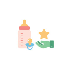 Flat vector illustration of baby bottle pacifier and hand holding a golden star.