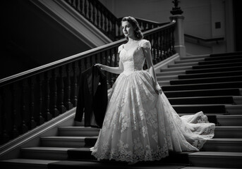 Elegant bride descending grand staircase in vintage black and white wedding dress for classic romance themed wedding invitation design