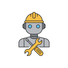 Cartoon Robot with Tools Wearing Yellow Hard Hat Ready for Work.