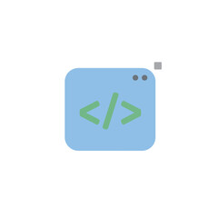 Flat design programming code icon with green angle brackets on a light blue rounded window.