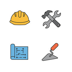 Construction Icon Set Yellow Hard Hat Crossed Hammer and Wrench Blueprint Trowel.