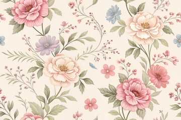 AI-generated image Elegant and romantic seamless floral pattern in a vintage style, featuring detailed pastel pink and cream peonies for classic wallpaper or fabric design.