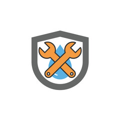Plumbing Service Icon Crossed Wrenches and Water Drop in Shield.