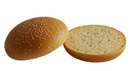Two golden-brown hamburger bun halves, one with sesame, one plain, revealing soft fluffy interior, on white matte surface with creamy bokeh, negative copy space, concept of bakery perfection