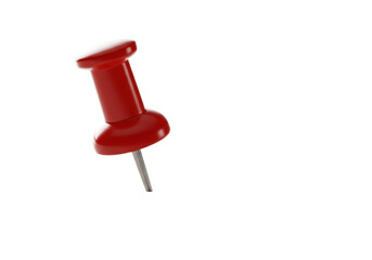 Ultra-realistic red plastic pushpin with a shiny silver metal pin, sharply focused and subtly angled against a pristine, subtly textured white surface with slight bokeh, concept of strategic focus