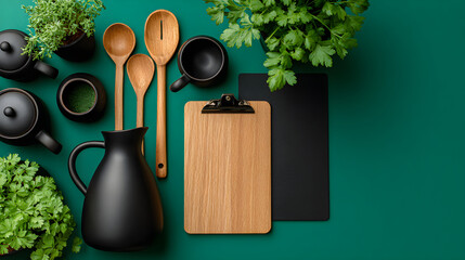Kitchen black clipboard, wooden cooking utensils, and fresh green herbs, all arranged on a dark green background. Elegant restaurant menu branding mockup. Menu for restaurant, restaurant menu design. 