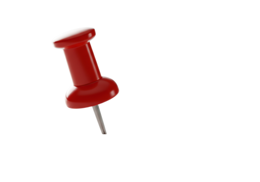 Ultra-realistic red plastic pushpin with a shiny silver metal pin, sharply focused and subtly angled against a pristine, subtly textured white surface with slight bokeh, concept of strategic focus