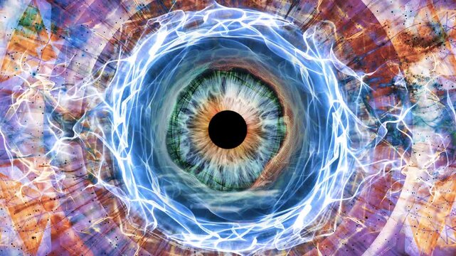 Detailed iris with dynamic psychedelic visuals. Motion graphics video with an abstract eye concept. Colorful digital animation for creative design projects. Seamless loop
