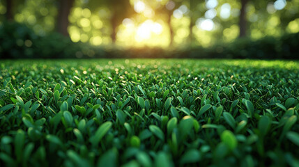 Naklejka premium Morning dew on lush grass nature scene sunlit forest close-up view tranquil environment for relaxation