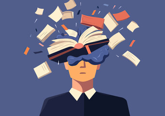 Abstract male figure with open head turning into flying book pages and scattered papers, concept of knowledge release and mental freedom in flat minimalist style