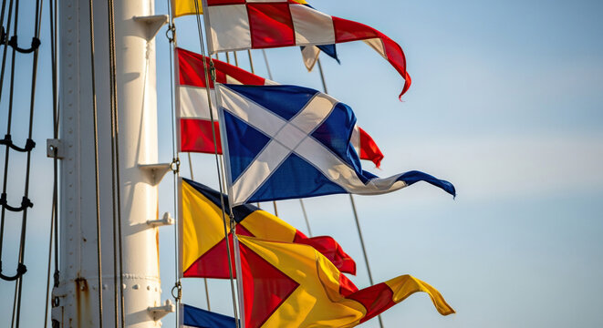 Nautical Flags Displayed on a Ship Mast Against the Sky