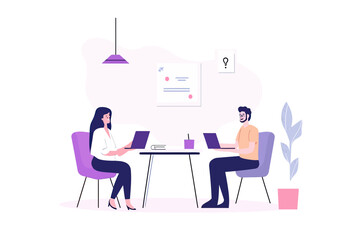 Two business people working remotely with laptops at desk in modern office environment with plant and wall decor flat vector illustration