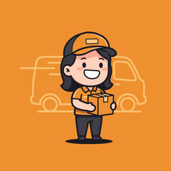 Happy cartoon delivery woman in an orange uniform and cap holding a cardboard package.