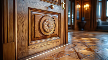 Elegant wooden door close-up luxurious interior architecture photography contemporary design low angle view craftsmanship showcase