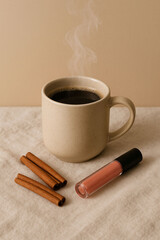 Warm Autumn Flat Lay with Coffee, Cinnamon and Lip Gloss