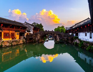 Ancient Chinese town at sunset