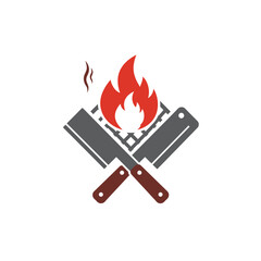 Crossed Cleavers with Fire and Smoke Barbecue Grill Logo Design.