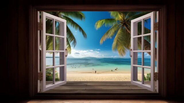 open window with tropical beach view with copy space