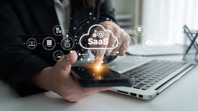 Visual representation of SaaS showing infrastructure, SaaS deployment, SaaS platform features, and SaaS integration model in digital environment. Spline