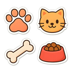 Fototapeta premium Sticker cartoon bold pet care icons transparent PNG 2x2 set paw print cat face bone food bowl isolated cut out for pet shop ecommerce social media branding