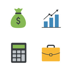 Set of four colorful flat business and finance icons including a money bag growth chart calculator and briefcase.