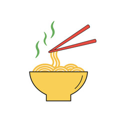 Colorful line art icon of a steaming hot bowl of noodles with red chopsticks lifting them.