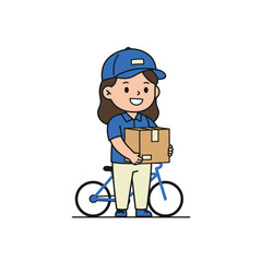 Friendly cartoon delivery girl in a blue cap and uniform holding a parcel with her bicycle.